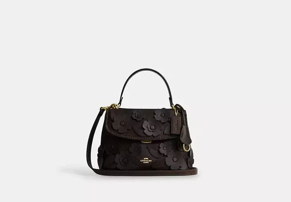 B4-001 Coach Emory Top Handle leather Bag Floral Applique Maple CDY44